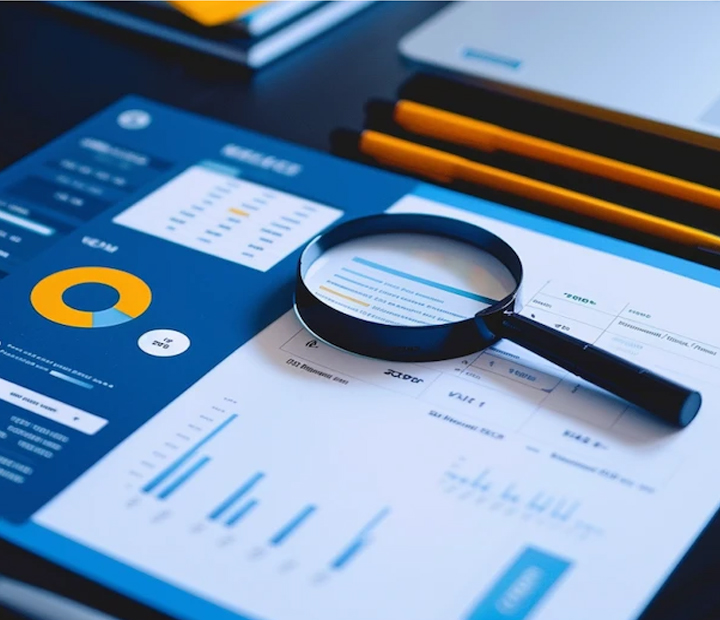 Une loupe est posée sur une feuille de papier sur laquelle sont affichés divers graphiques et diagrammes. À côté, un tableau de bord d'analyse bleu et blanc affiche un graphique à secteurs et d'autres indicateurs. À proximité se trouvent plusieurs stylos jaunes et noirs, et le coin d'un ordinateur portable est visible en haut à droite.