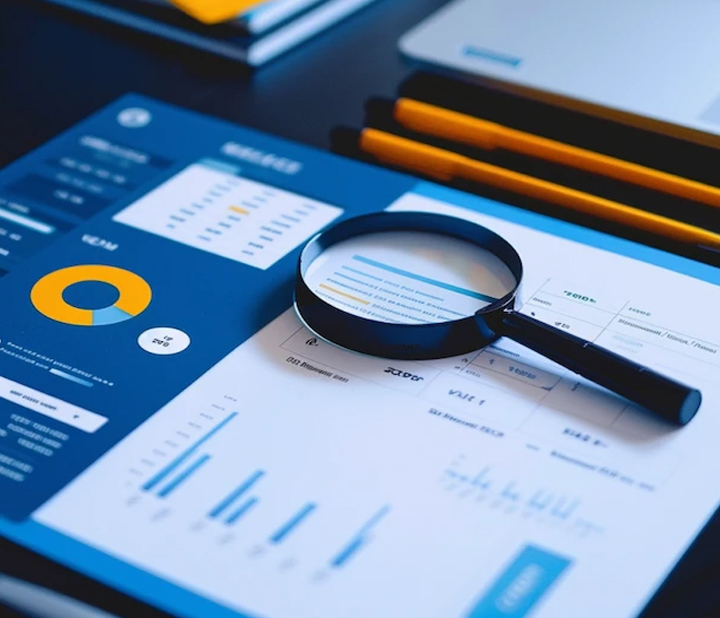 A table with a business report, charts, and graphs. A magnifying glass is placed on one page, focusing on bar graphs and statistics. Nearby are three pens and a laptop, creating a professional workspace setting.