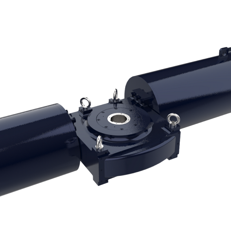 A high-quality, 3D-rendered image of a dark blue industrial machine component. The device has a cylindrical shape, featuring a central joint with a circular opening and four metal loops on the top, likely for attachments or transport.