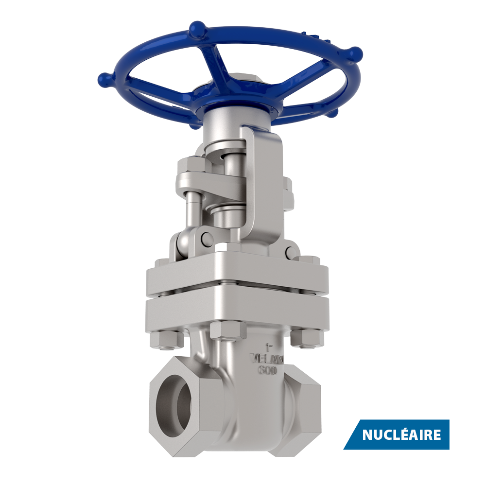 Vanne métallique avec volant bleu, utilisée pour contrôler le débit des fluides dans les canalisations. Le mot "NUCLÉAIRE" en bleu indique qu'il convient aux applications nucléaires. Le fond est blanc uni.