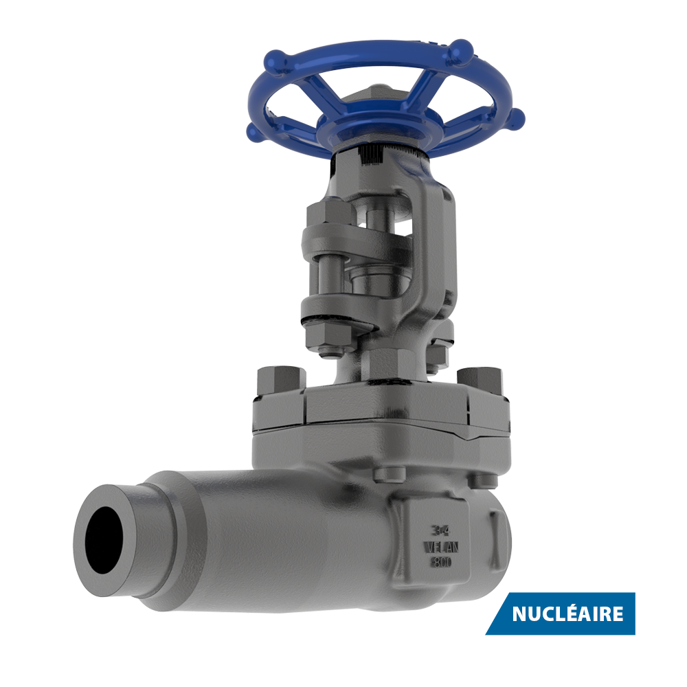 Vanne industrielle en métal avec un volant bleu, dotée d'un raccord à bride. Le mot "NUCLÉAIRE" apparaît dans un cadre bleu en bas à droite, indiquant son utilisation dans l'industrie nucléaire.