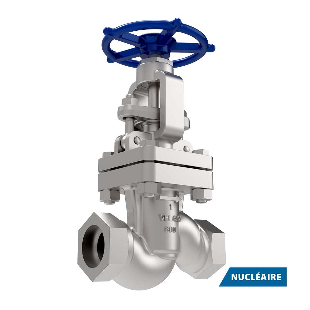 Un robinet-vanne industriel métallique avec un volant bleu et deux raccords de tuyauterie hexagonaux, étiqueté "VELAN 600". Une boîte bleue dans le coin inférieur droit contient le mot "NUCLÉAIRE".