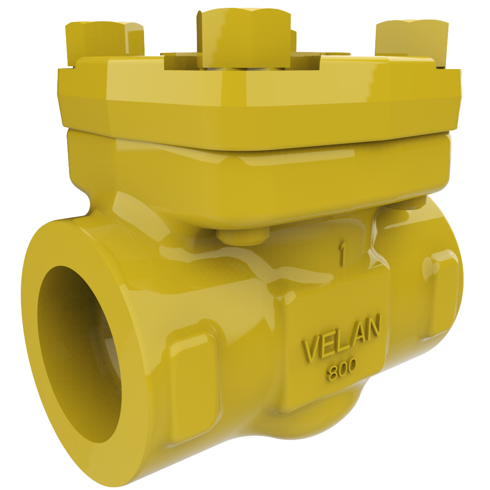 A 3D render of a yellow industrial check valve. The valve has "VELAN" and "800" embossed on the front along with the number "1". It features a robust, rectangular top with two raised bolt-like structures for secure sealing.