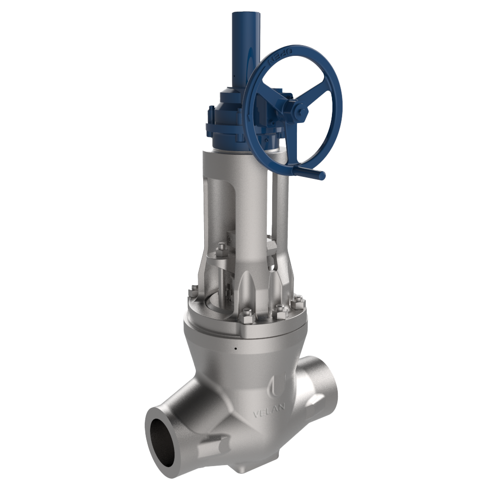 A silver industrial gate valve with a blue handwheel on top. The valve has a sturdy cylindrical body with an angled base and multiple bolts securing it. The handwheel is connected to a stem that extends through a central chamber.
