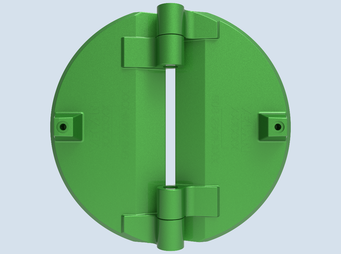 A green, circular, hinged plastic component with a central vertical split and two mounting holes on either side, viewed against a light blue background.