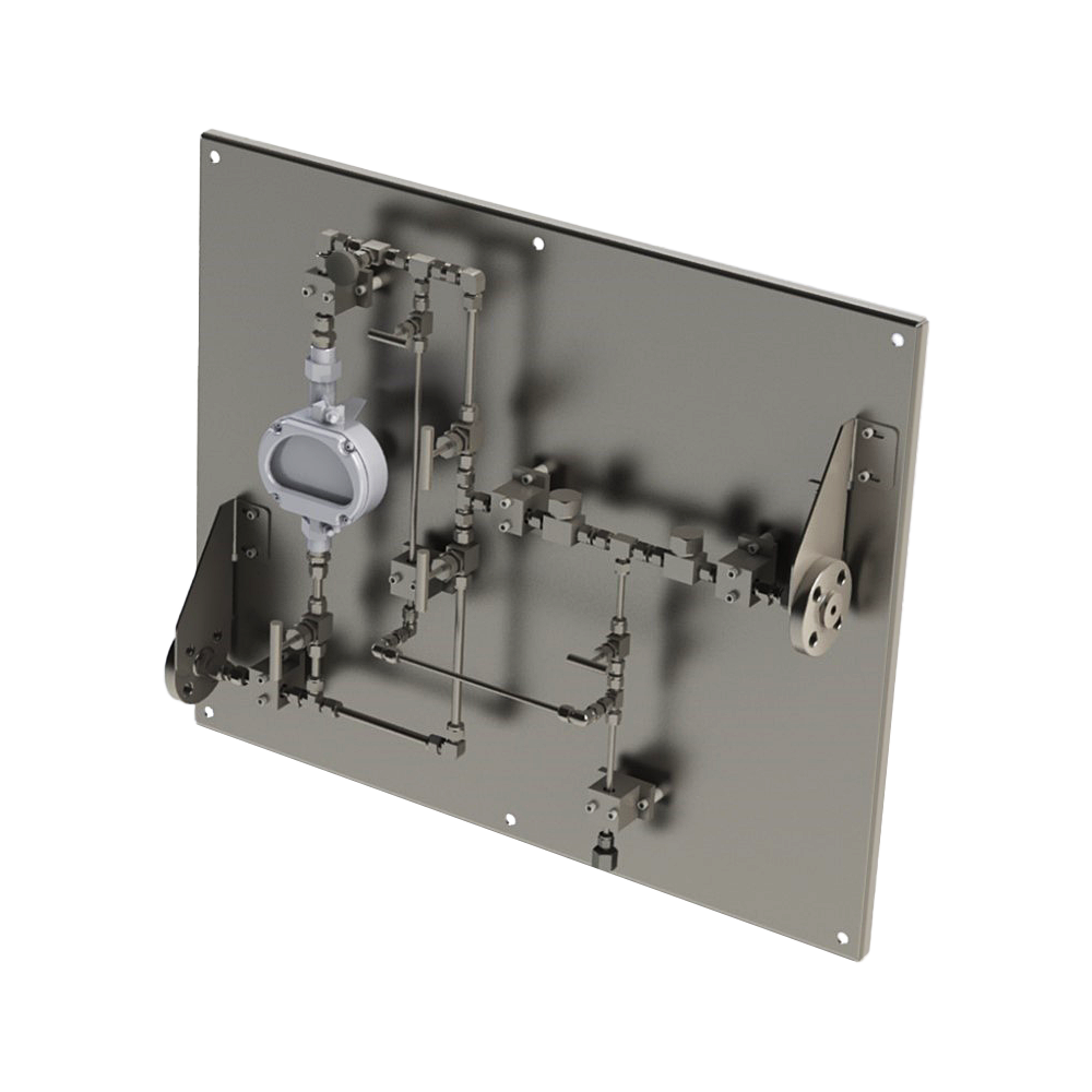 A metallic industrial panel featuring a complex arrangement of pipes, valves, and gauges mounted on a flat surface. The panel includes precision instruments for monitoring fluid flow and pressure.
