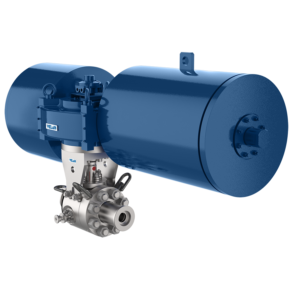 A large industrial blue actuator valve with a metallic body and cylindrical components. The valve has several smaller attachments and parts, with "VALIN" marked on the housing. The overall design appears complex and precise.