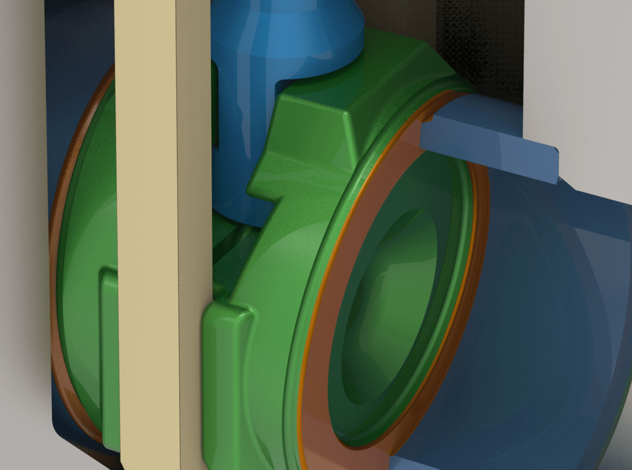 Close-up of an abstract geometric structure featuring various colored sections, including green, blue, beige, and orange, interlocking in a complex design. The image highlights the intricate arrangement of shapes and angles.