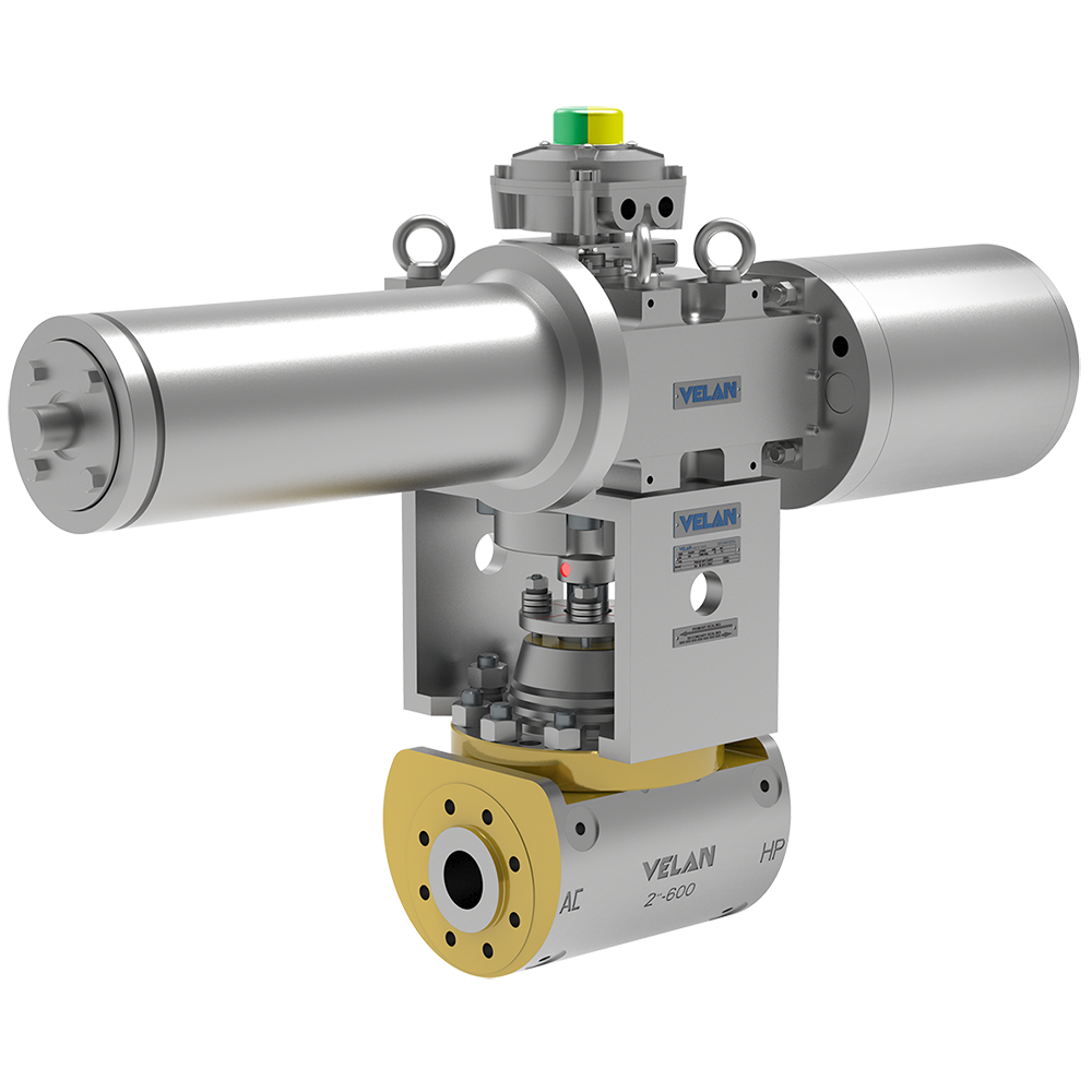 A metal industrial valve with a cylindrical actuator and multiple connection points. It features the brand name "Velan" on the side. The valve is designed for high-pressure applications, with a compact and sturdy build.