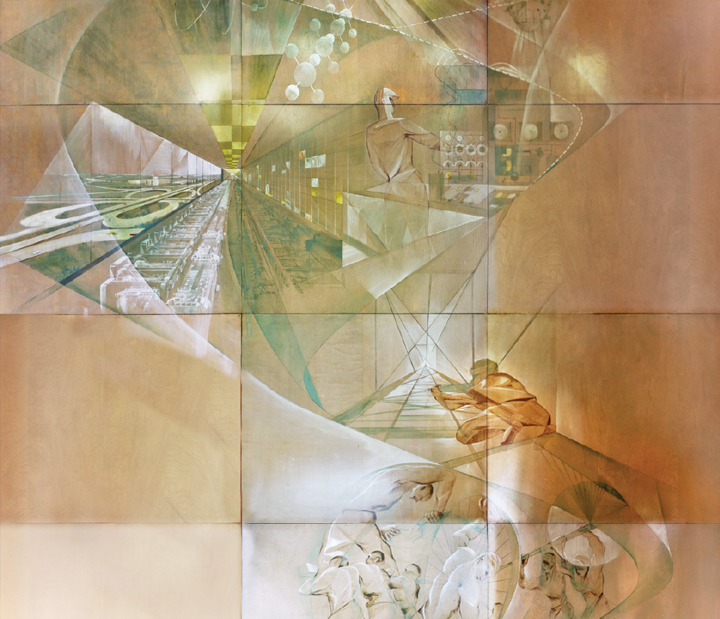Abstract artwork featuring a blend of geometric shapes, muted colors, and futuristic elements. The image includes figures, machinery, and architectural components merging together, creating a complex, layered composition that suggests themes of technology and human progress.