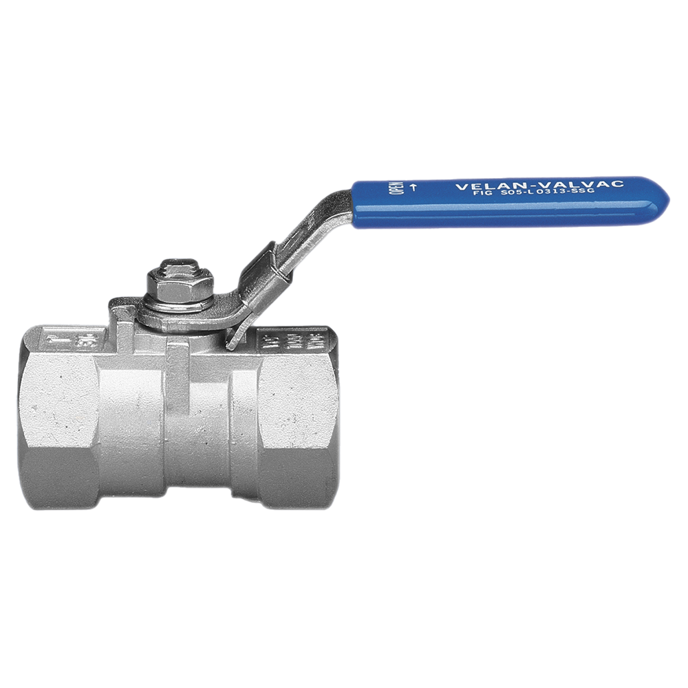 A stainless steel ball valve with a blue lever handle labeled "VELAN VALVAC," shown against a white background. The valve has hexagonal ends for pipe connections.