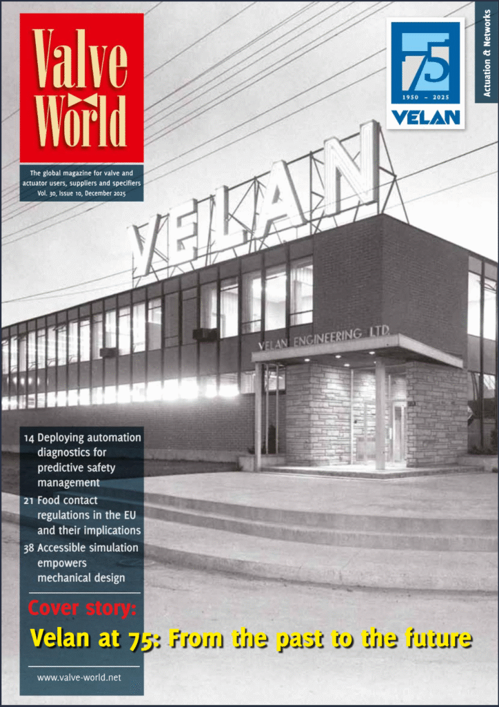 Cover of Valve World magazine featuring the Velan Engineering, Ltd. building at night with illuminated signage. Headlines highlight Velan’s 75th anniversary and key articles on safety, regulations, and simulation in the valve industry.